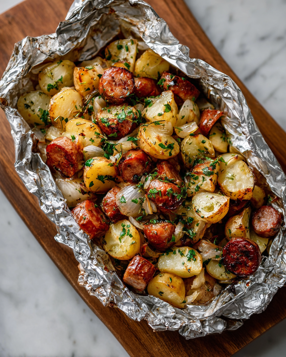 Final dish - Easy and Delicious Sausage Potato Foil Packet Recipe for Busy Weeknights