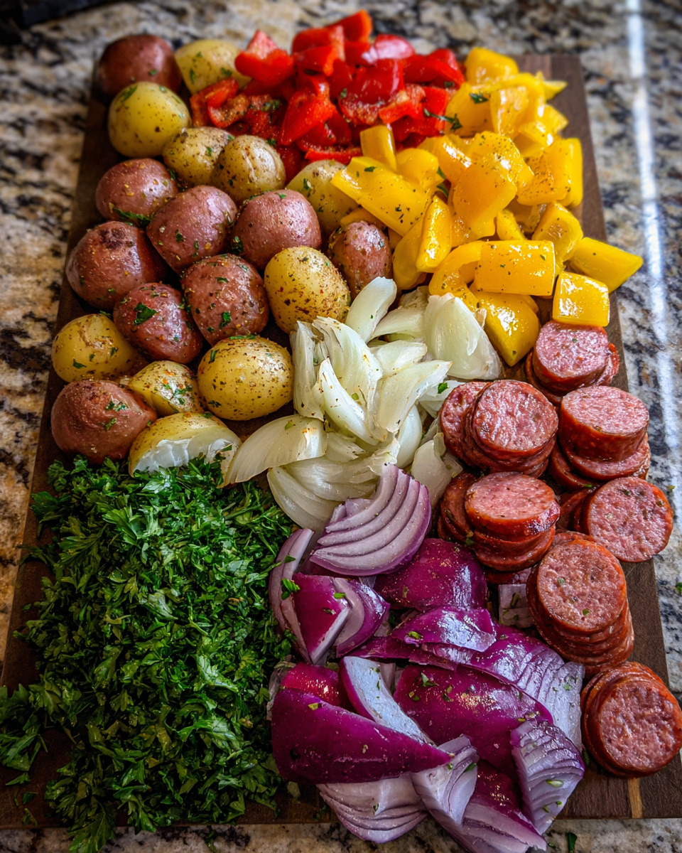 Ingredients for Easy and Delicious Sausage Potato Foil Packet Recipe for Busy Weeknights