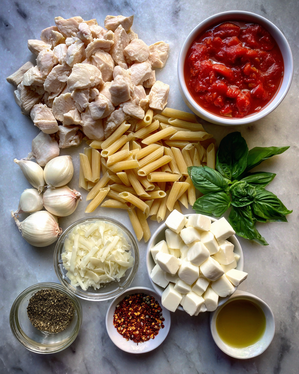 Ingredients for Irresistible Tomato Pasta with Chicken and Mozzarella Recipe You’ll Love