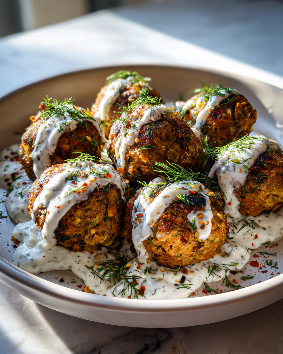 Final dish - Irresistible Baked Greek Lentil Meatballs with Creamy Tzatziki Sauce