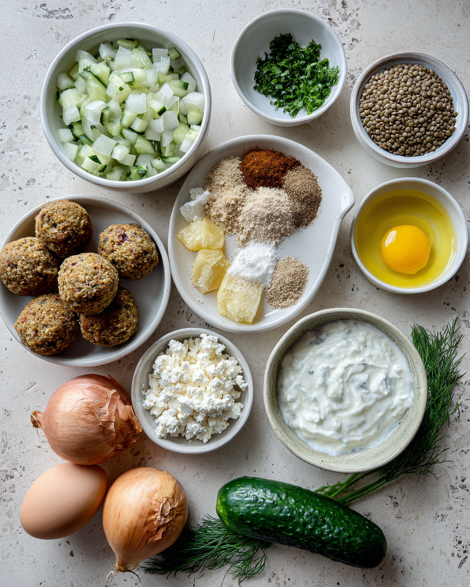 Ingredients for Irresistible Baked Greek Lentil Meatballs with Creamy Tzatziki Sauce