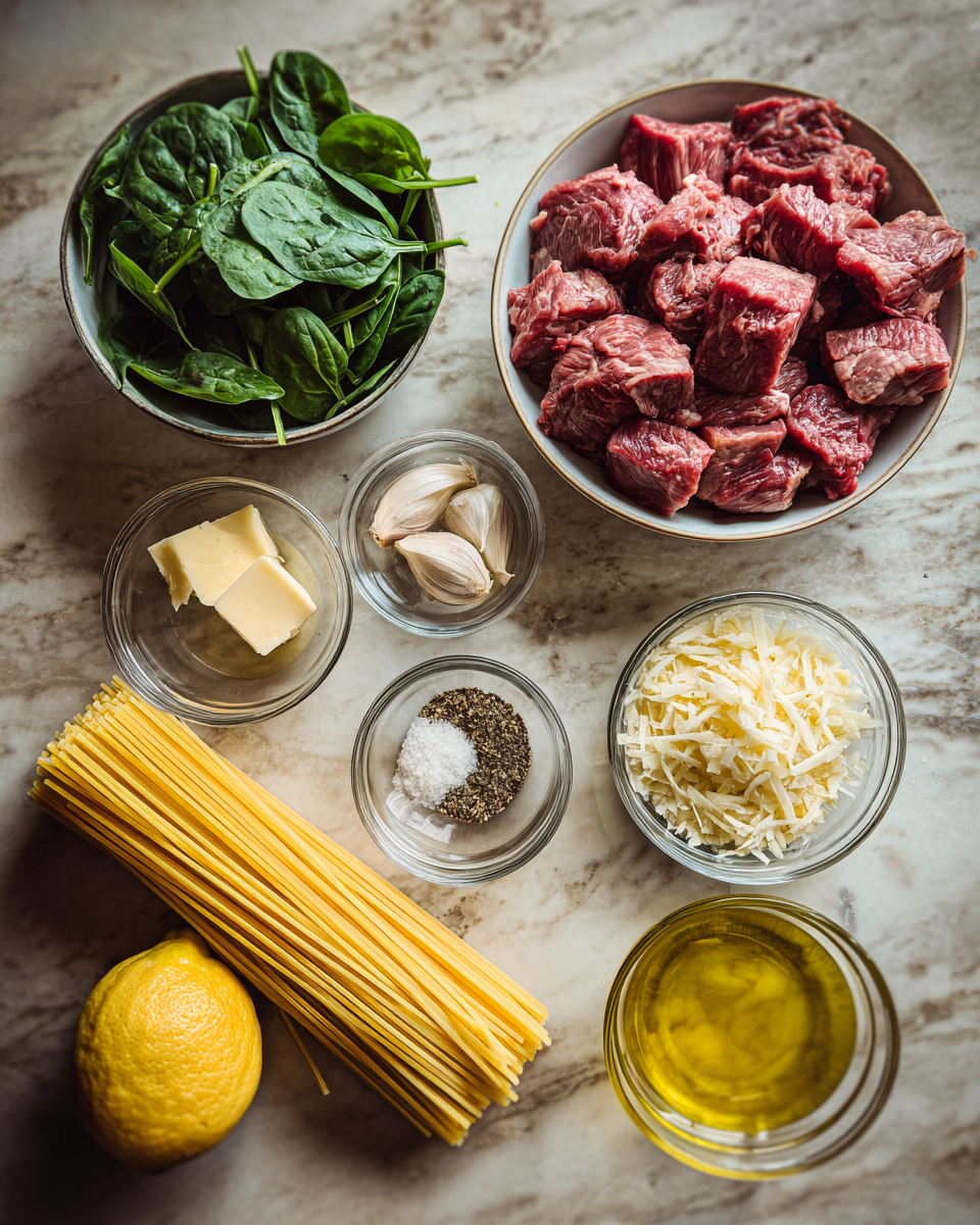 Ingredients for Creamy Butter Linguine with Juicy Steak Bites and Fresh Spinach Delight