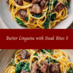 Creamy Butter Linguine with Juicy Steak Bites and Fresh Spinach Delight