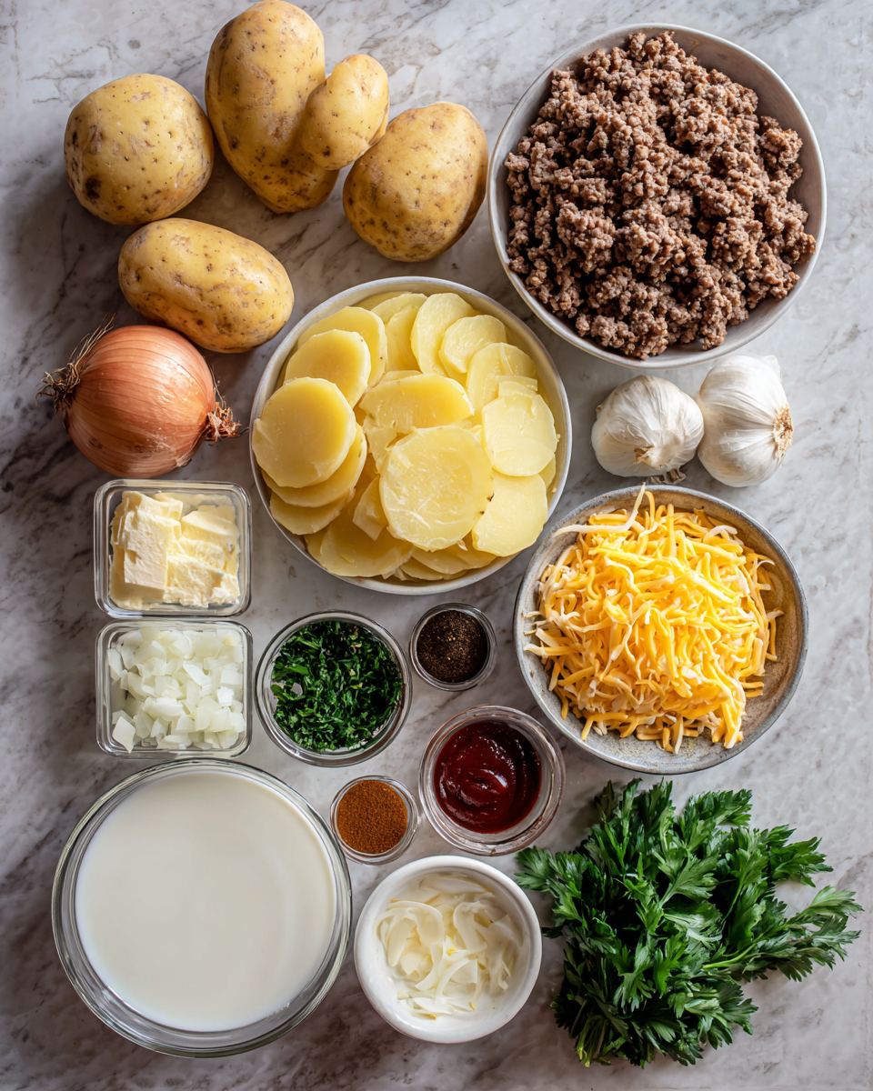 Ingredients for Ultimate Cheesy Hamburger Potato Casserole Recipe You Need to Try