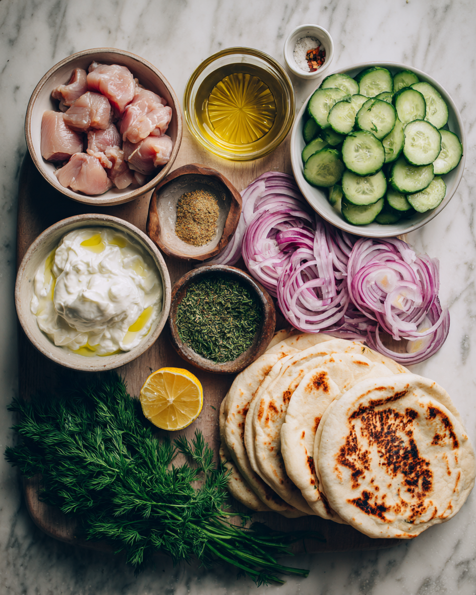 Ingredients for Zesty Chicken Gyros with Fresh Lemon-Herb Marinade for a Flavorful Feast