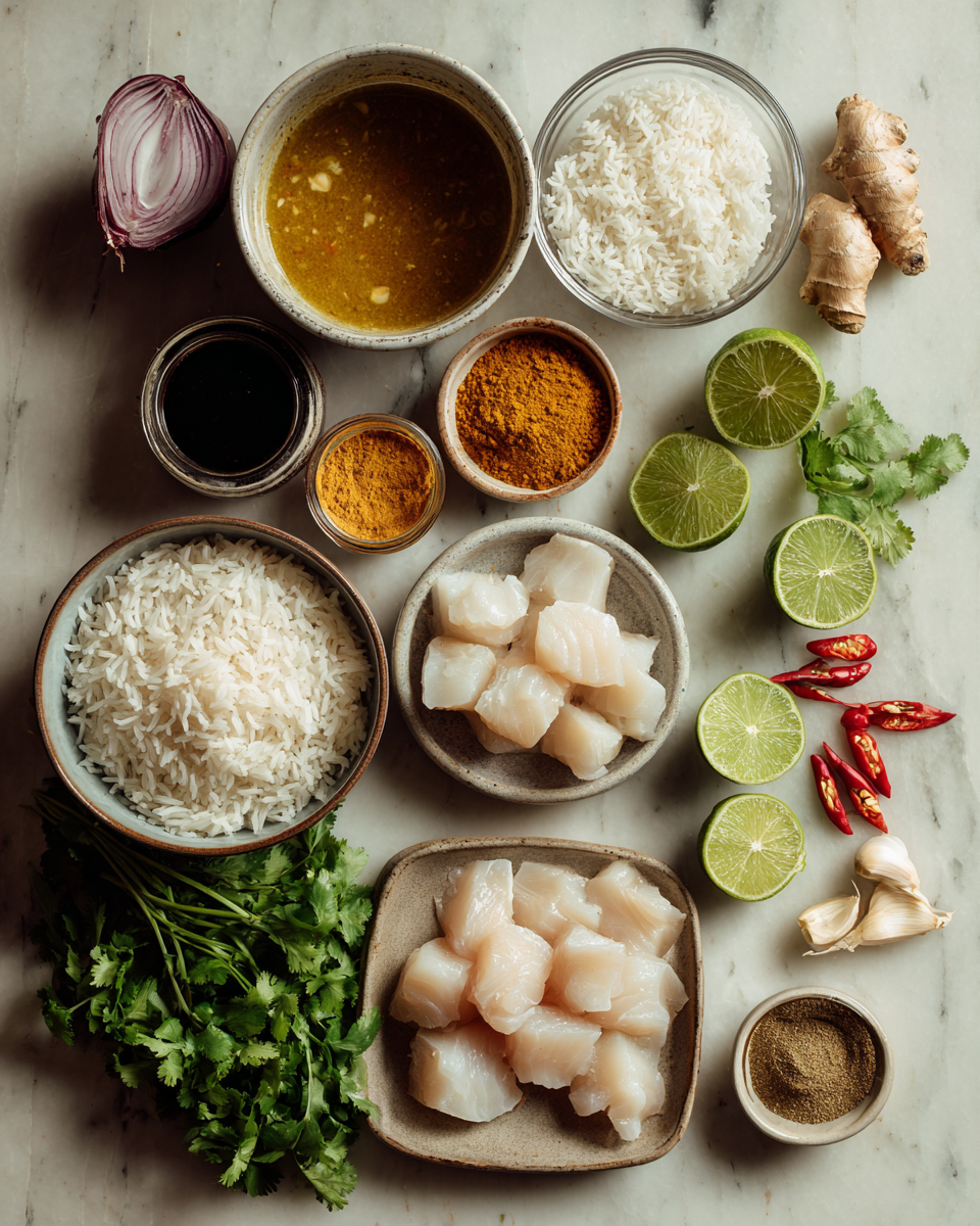Ingredients for Tropical Bliss Coconut Lime Fish Curry with Fragrant Jasmine Rice