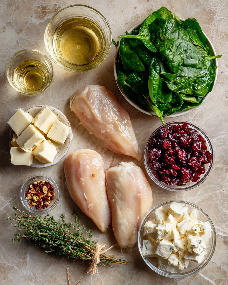 Ingredients for Irresistible Cranberry and Spinach Stuffed Chicken with Creamy Brie Delight