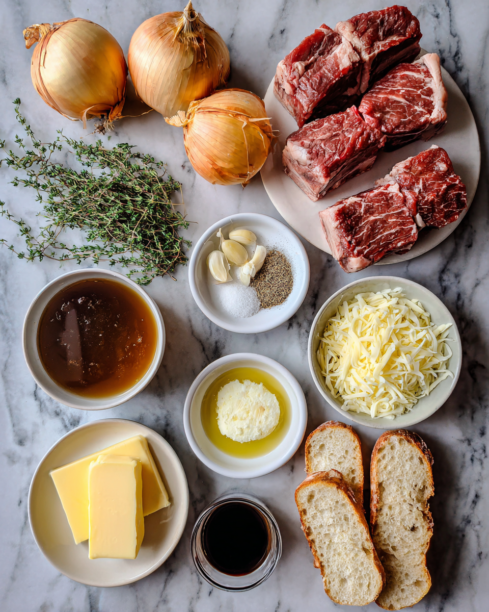 Ingredients for Hearty French Onion Beef Short Rib Soup Recipe to Warm Your Soul
