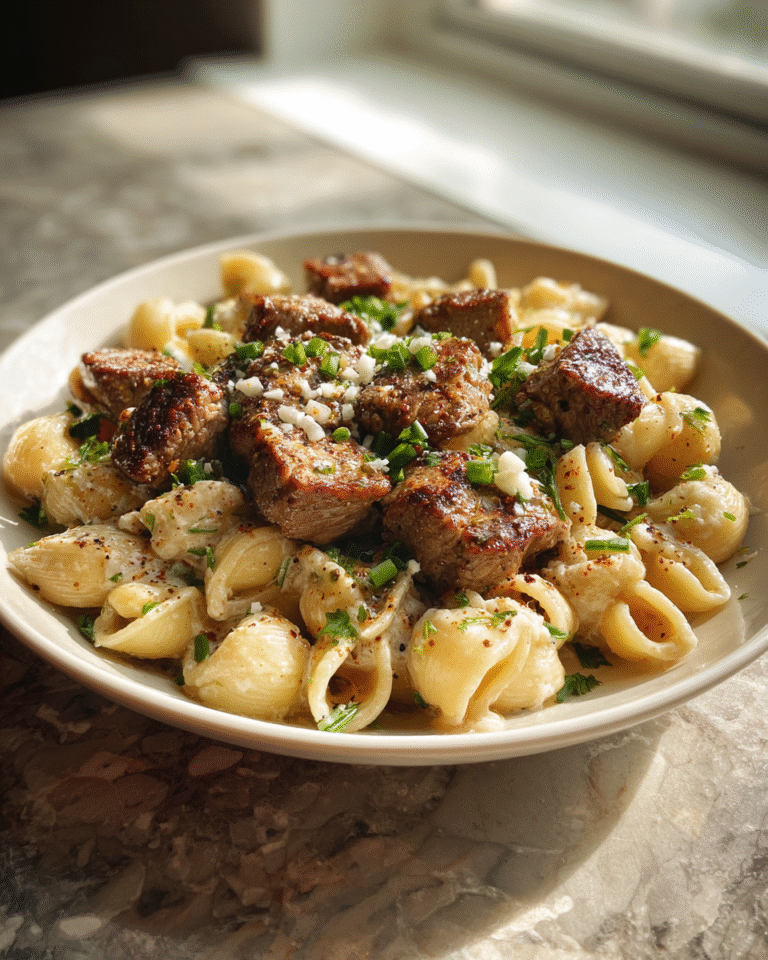Garlic Butter Steak Bites with Creamy Shell Pasta Delight - Featured Image