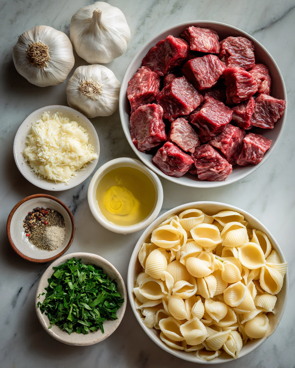Ingredients for Garlic Butter Steak Bites with Creamy Shell Pasta Delight