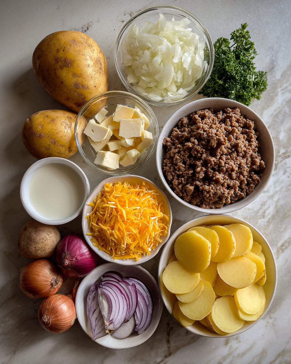 Ingredients for Hearty Hamburger Potato Casserole Recipe Your Family Will Love