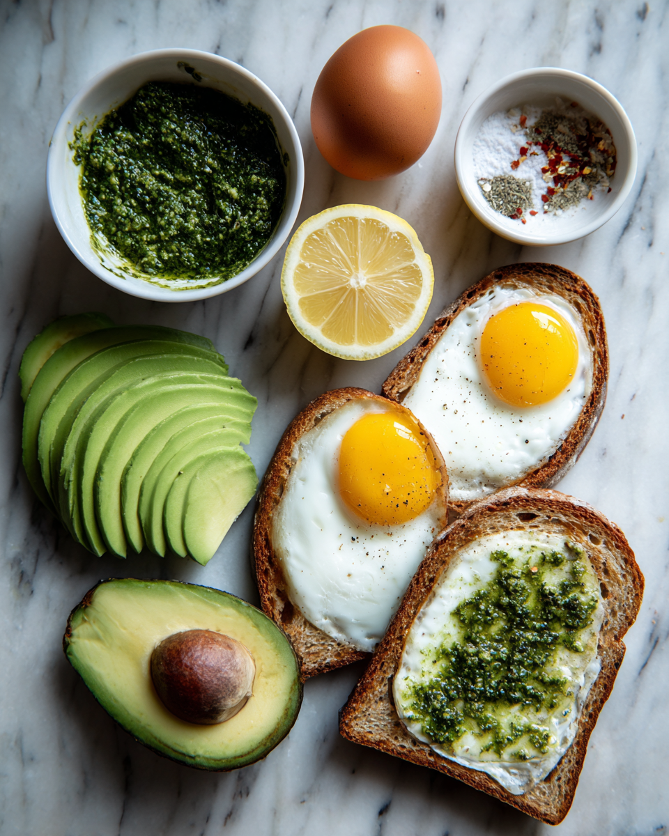 Ingredients for Jammy Egg Avocado and Pesto Toast The Ultimate Flavor-Packed Breakfast Delight