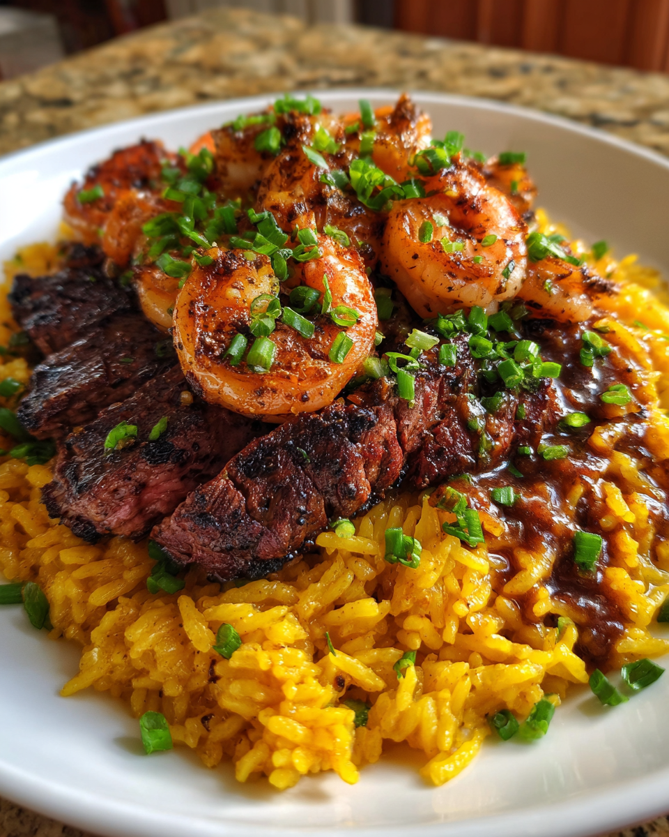 Final dish - Spice Up Dinner with Jerk Steak and Shrimp Over Golden Yellow Rice