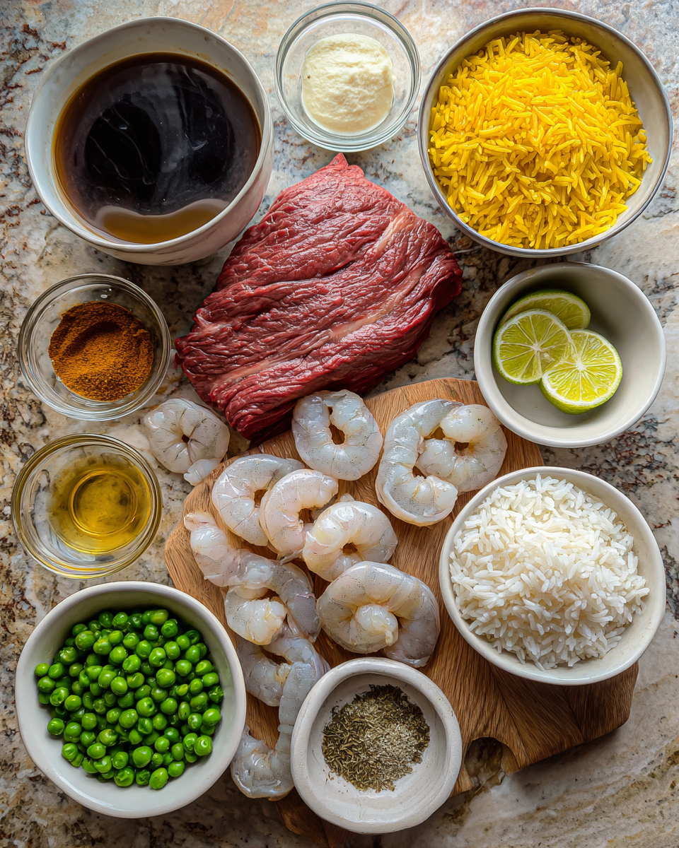 Ingredients for Spice Up Dinner with Jerk Steak and Shrimp Over Golden Yellow Rice