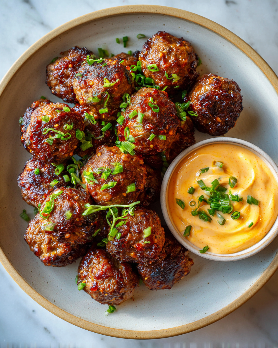 Final dish - Irresistible Korean BBQ Meatballs with Spicy Mayo Dip Recipe
