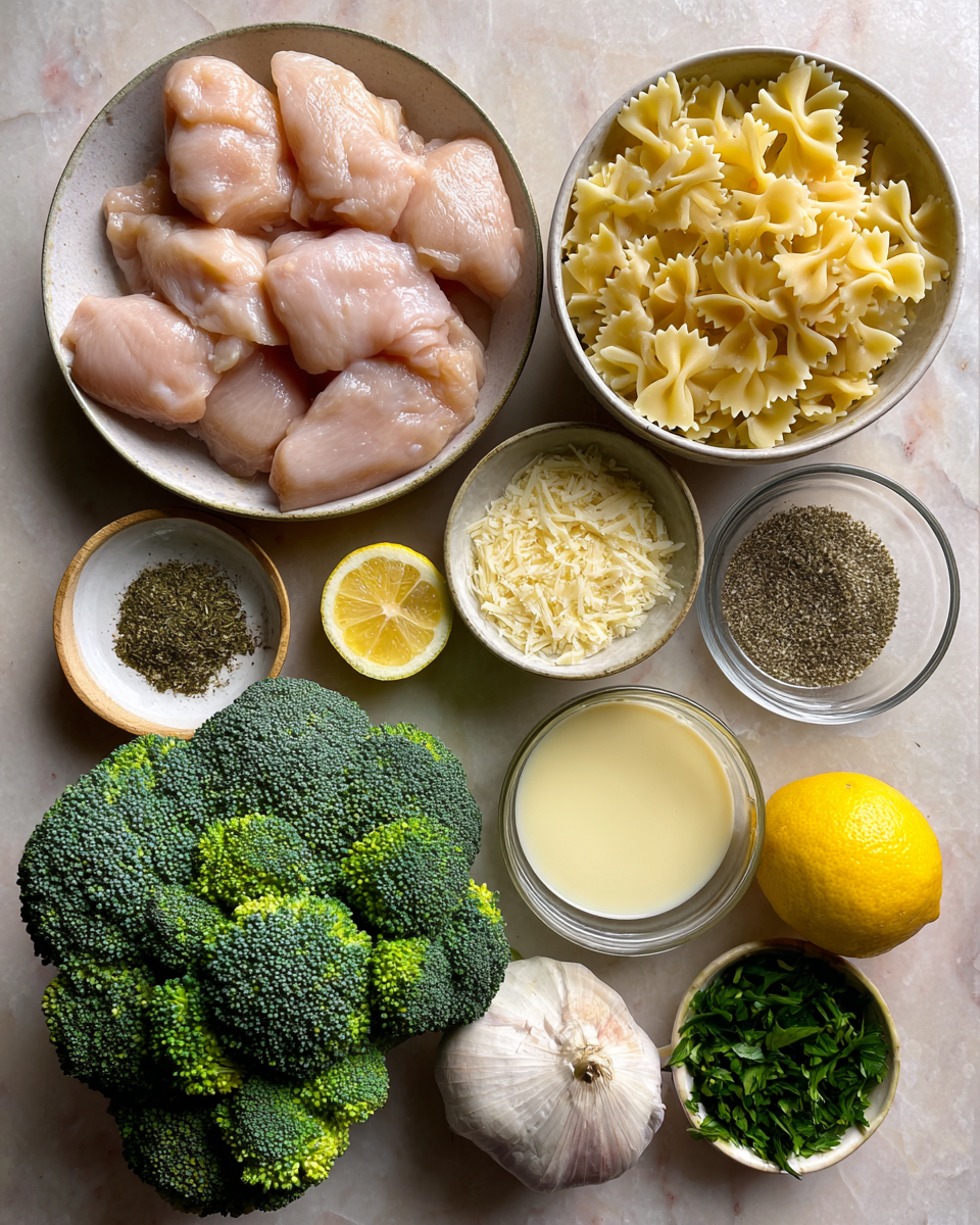 Ingredients for Zesty Lemon Bowtie Chicken with Broccoli That Will Brighten Your Dinner