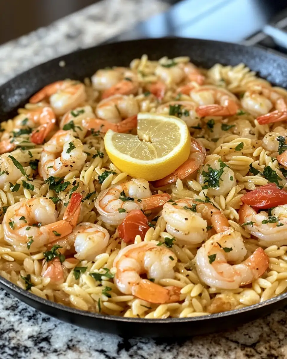 Final dish - Zesty Flavors Unite: Discover the Ultimate Lemon Garlic Shrimp Orzo Skillet