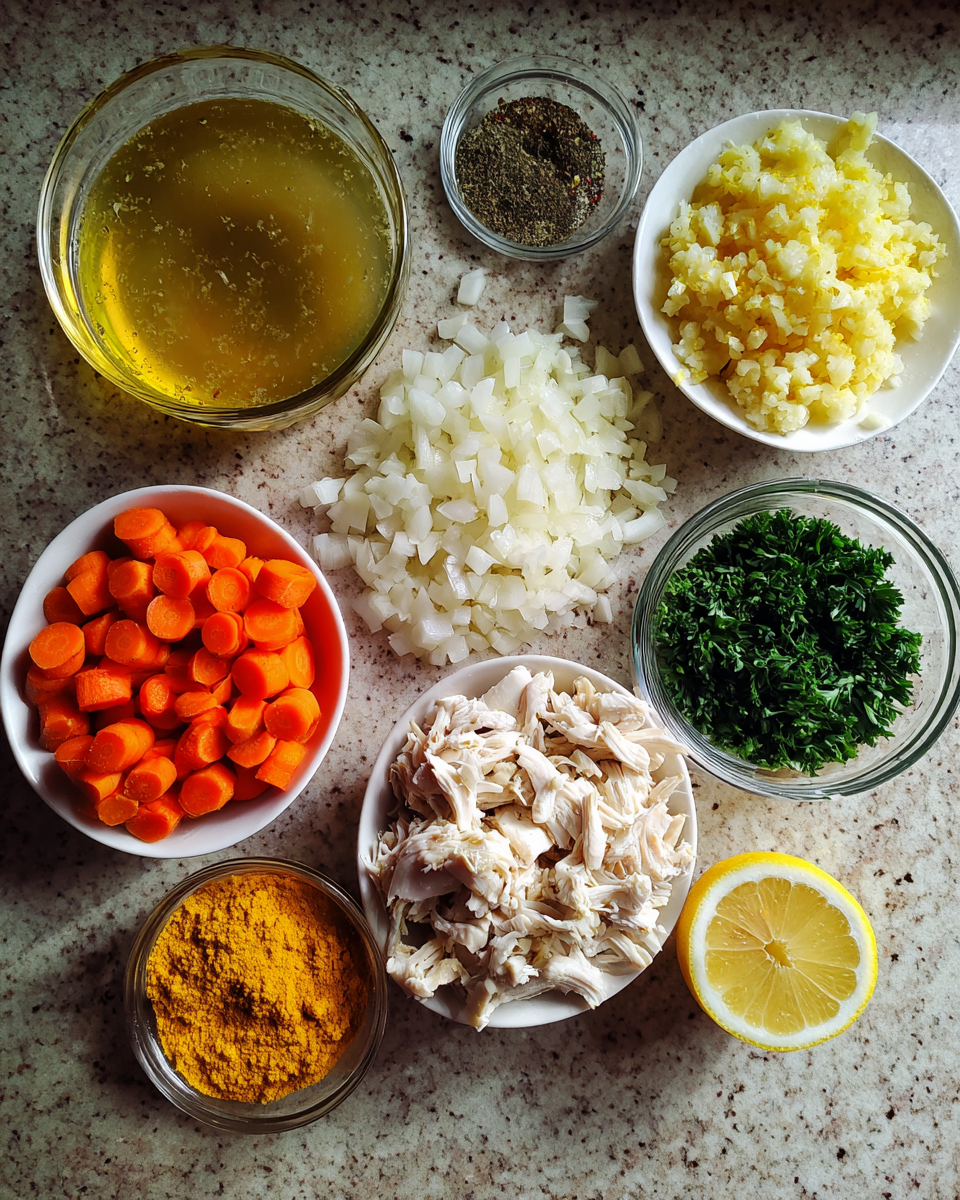 Ingredients for Zesty Lemon Ginger Turmeric Chicken and Rice Soup to Warm Your Soul