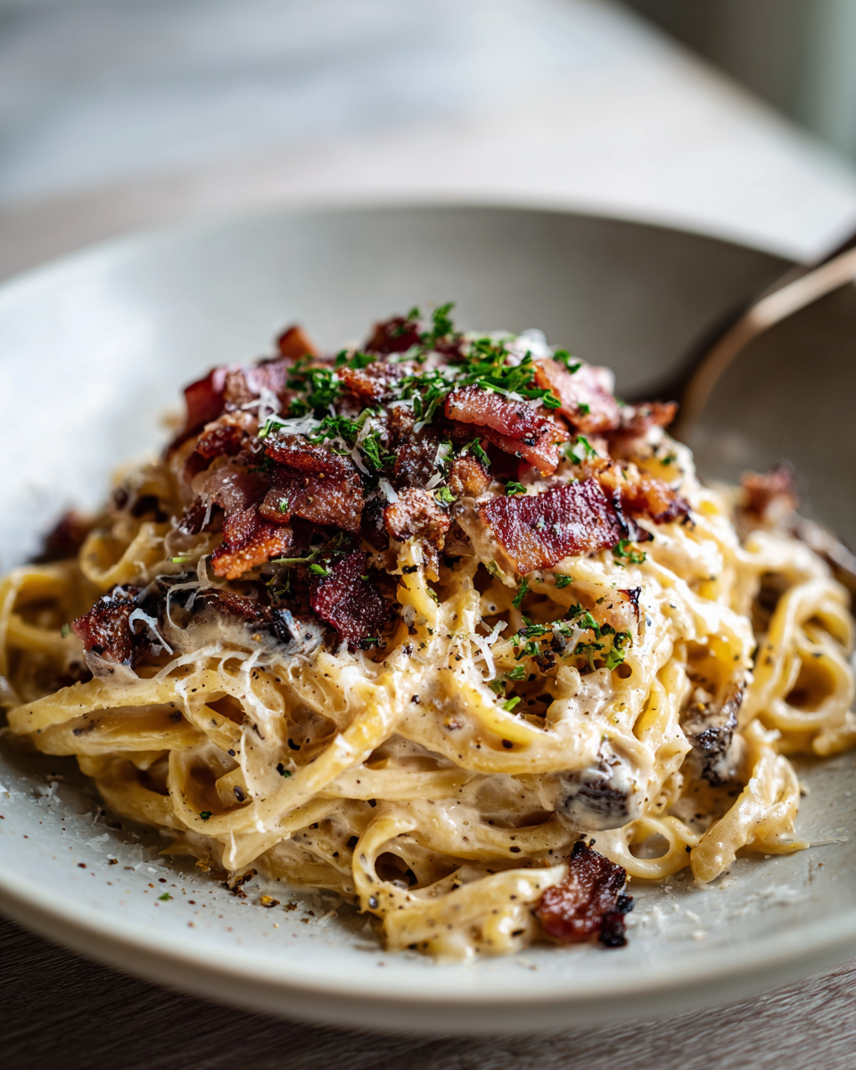 Final dish - Indulge in the Ultimate Loaded Bacon Cheeseburger Alfredo Pasta Experience