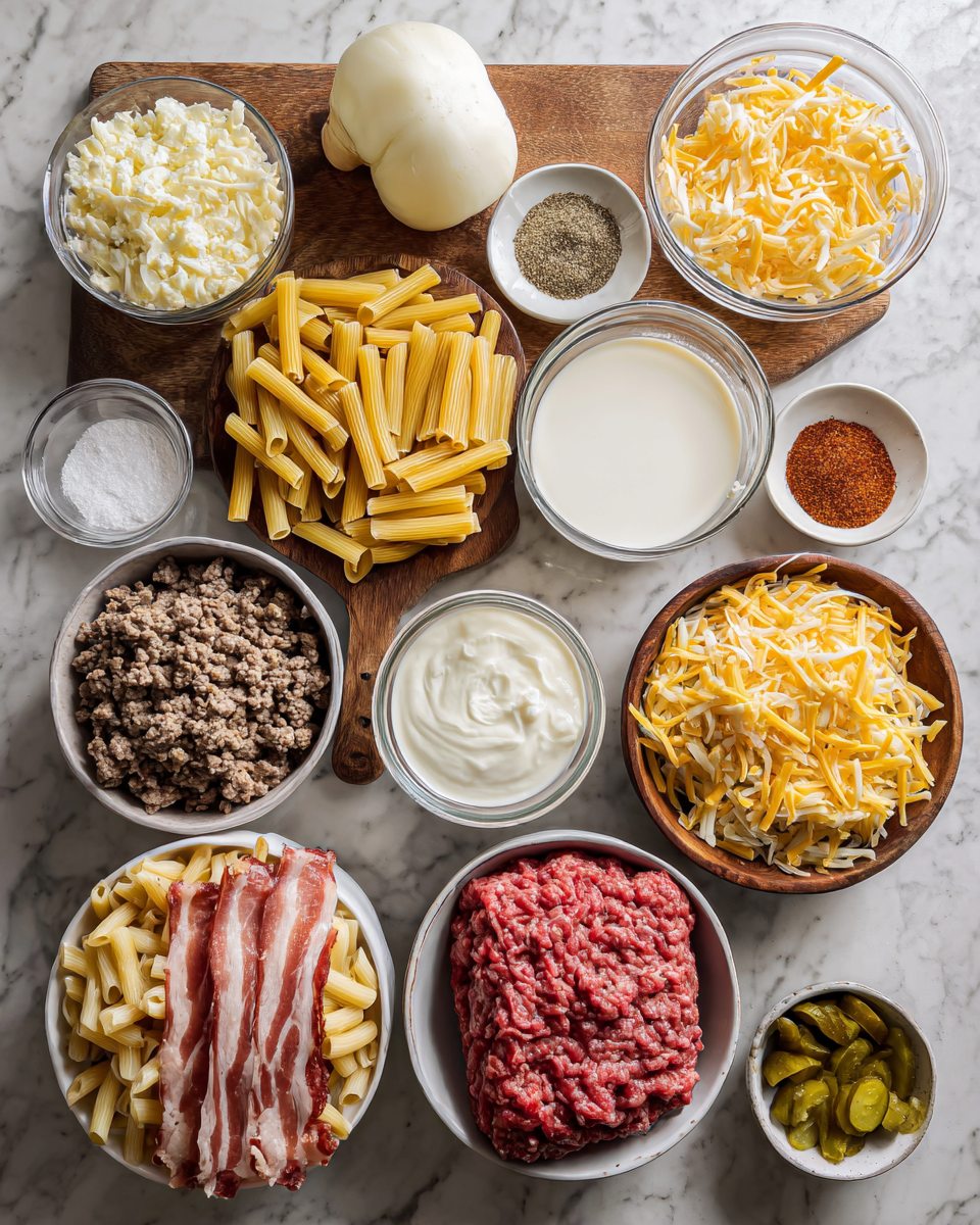 Ingredients for Indulge in the Ultimate Loaded Bacon Cheeseburger Alfredo Pasta Experience