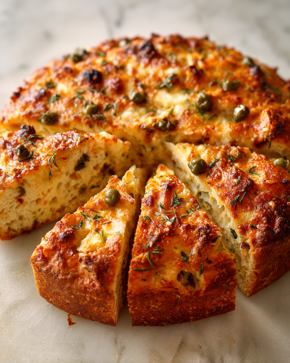 Final dish - Irresistible Olive and Cheese Bread with Capers and Thyme Flavor Explosion