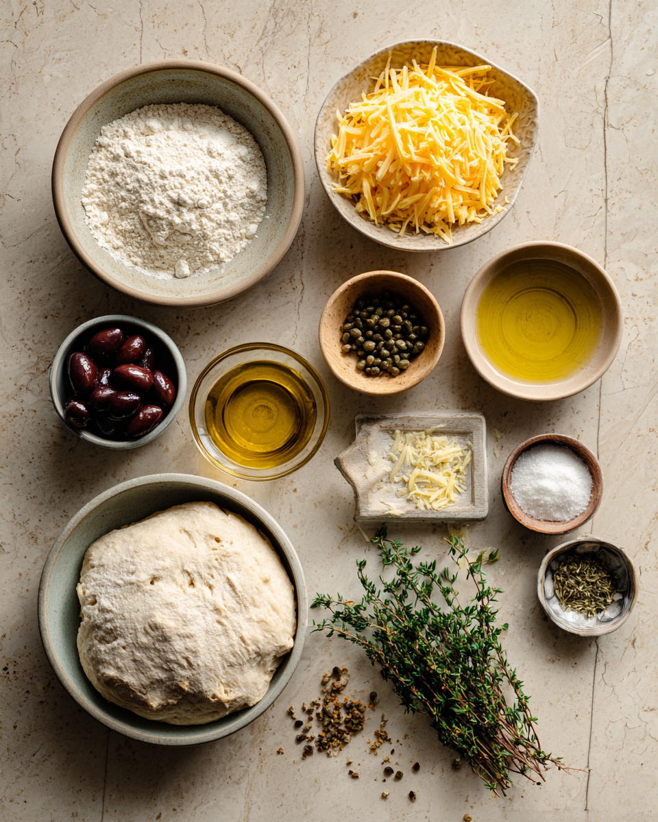 Ingredients for Irresistible Olive and Cheese Bread with Capers and Thyme Flavor Explosion