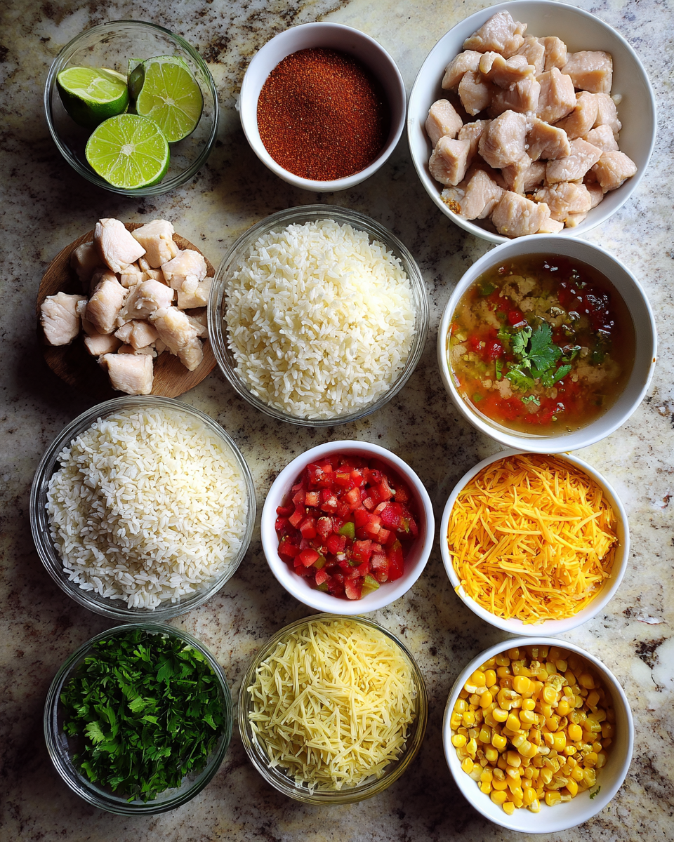 Ingredients for One-Pot Cheesy Southwest Chicken and Rice Recipe for Easy Weeknight Dinners
