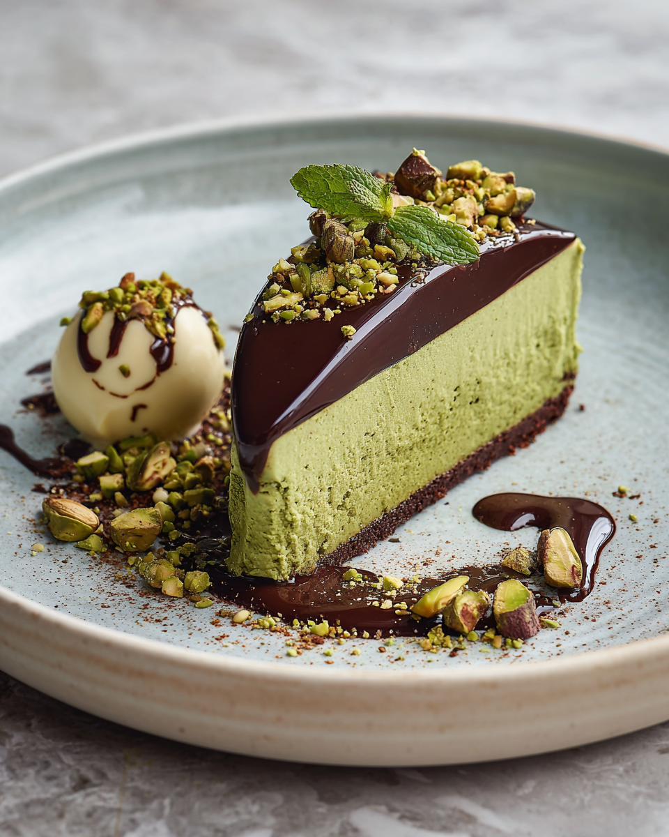 Final dish - Decadent Pistachio Mousse with Silky Chocolate Ganache Delight