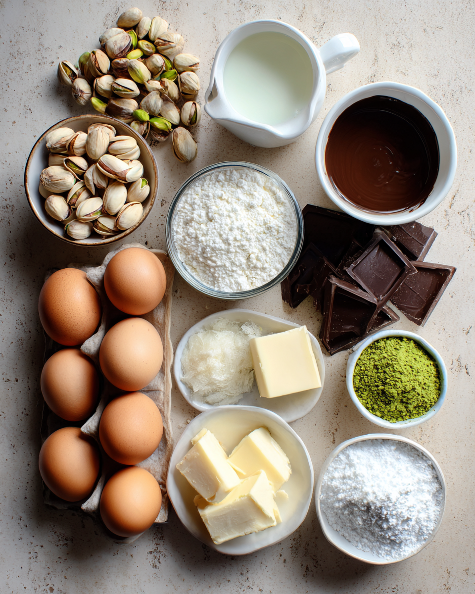 Ingredients for Decadent Pistachio Mousse with Silky Chocolate Ganache Delight