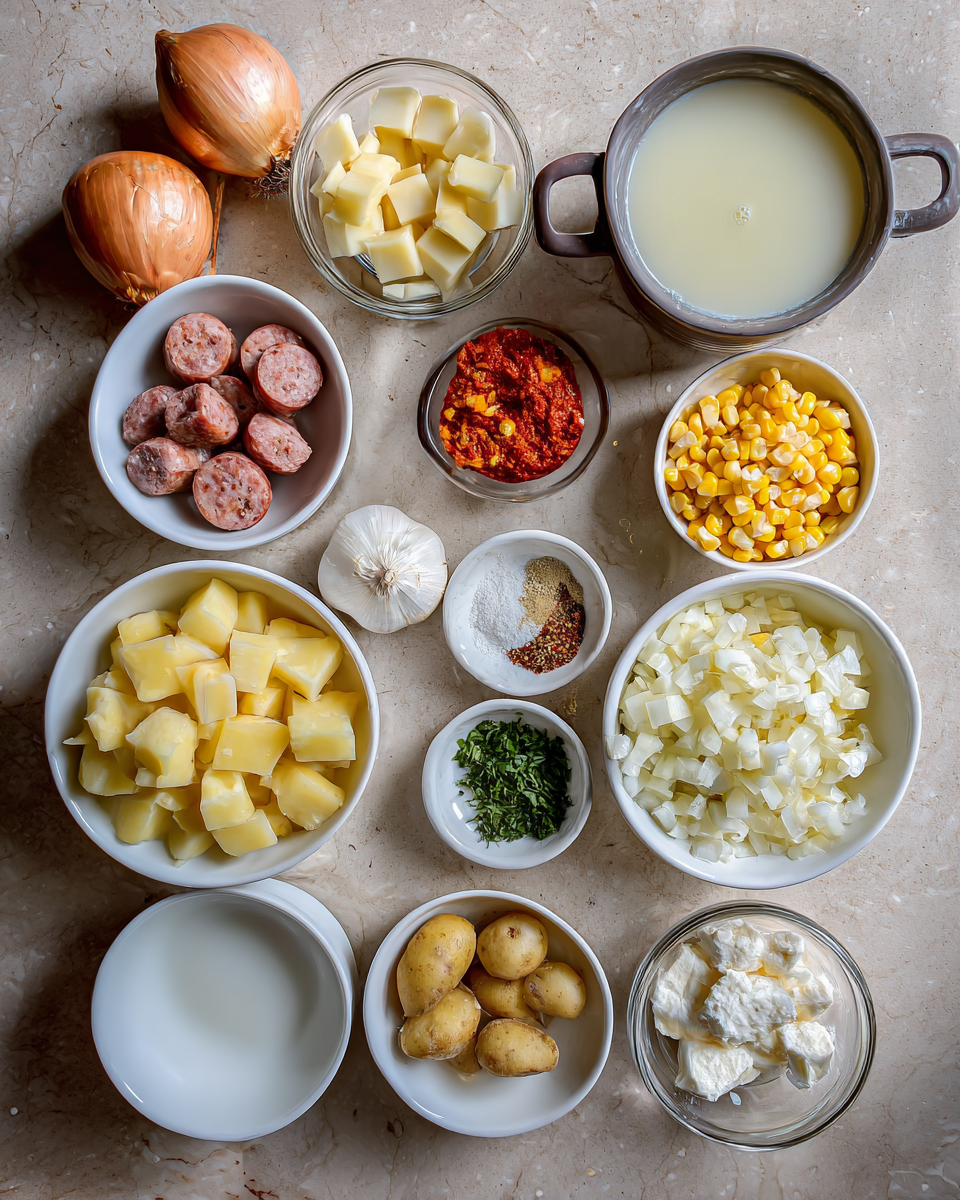 Ingredients for Hearty and Delicious Potato Sausage Chowder Recipe to Warm Your Soul