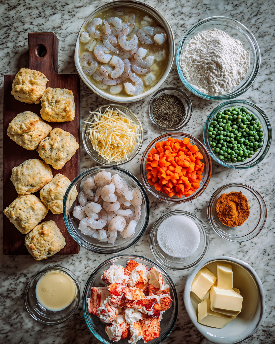 Ingredients for Irresistible Shrimp Lobster Cheddar Bay Biscuit Pot Pie Recipe You Have to Try