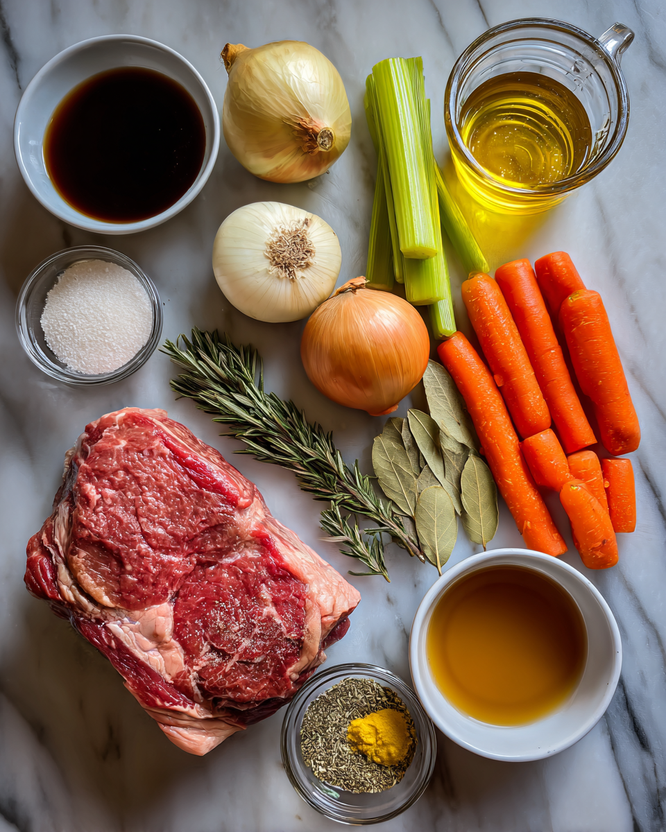 Ingredients for Ultimate Slow Cooker Pot Roast with Rich Gravy Recipe for Tender Comfort Food