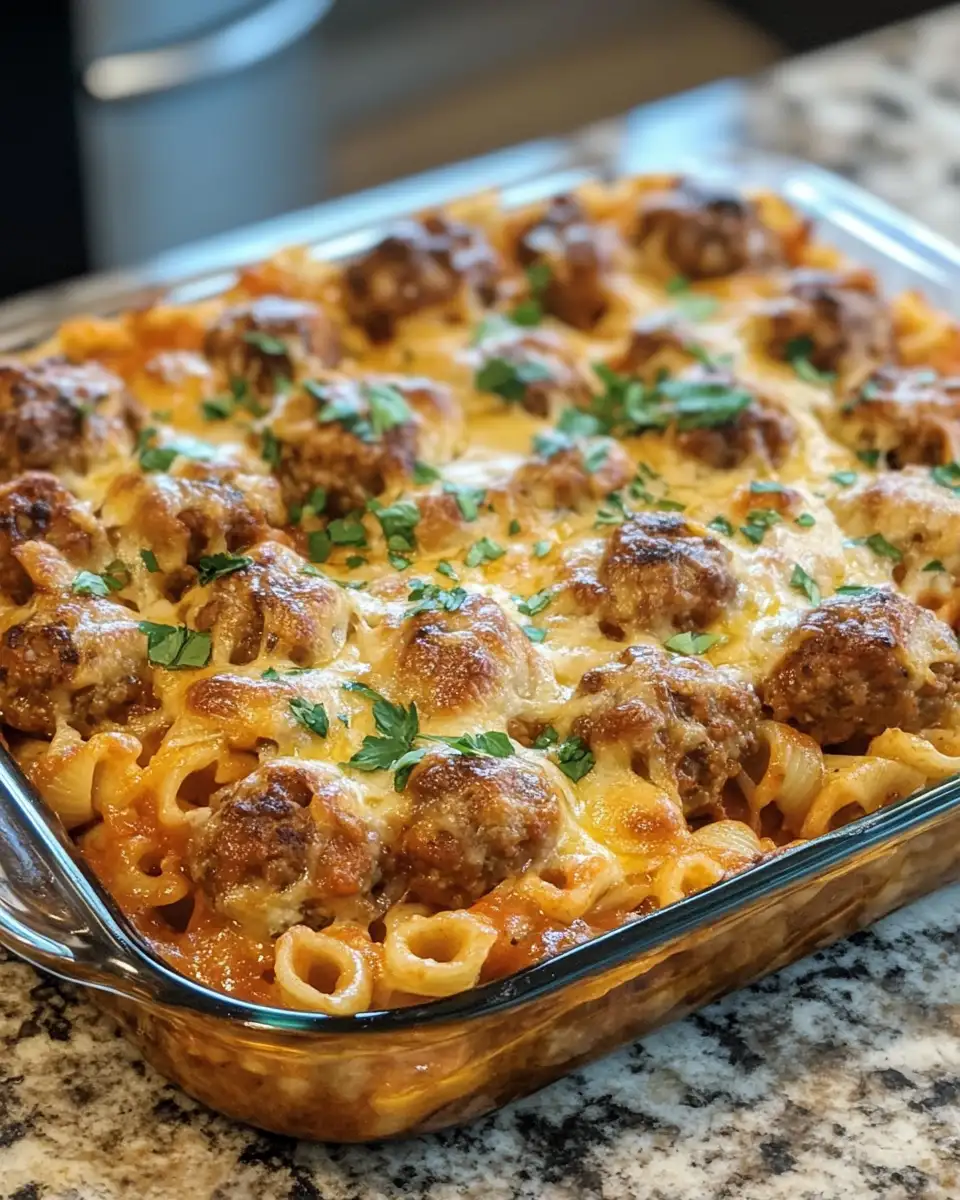 Final dish - Irresistibly Cheesy Smothered Meatball and Pasta Bake Delight