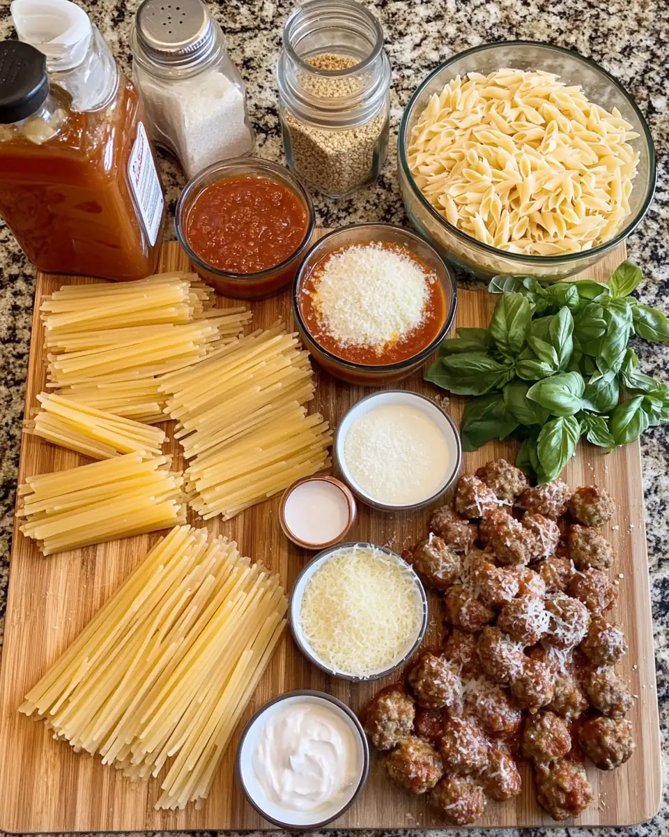 Ingredients for Irresistibly Cheesy Smothered Meatball and Pasta Bake Delight