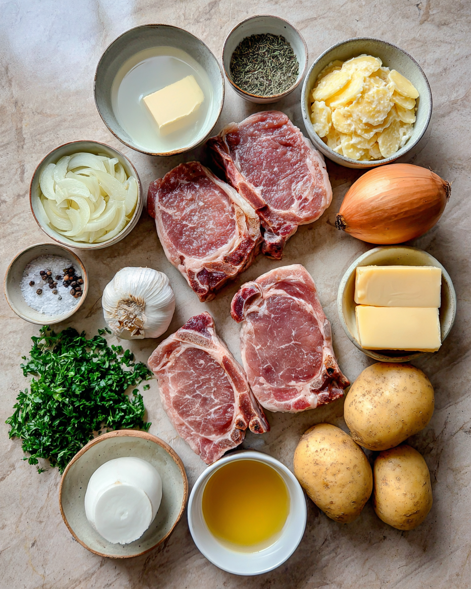 Ingredients for Ultimate Comfort Feast Smothered Pork Chop and Scalloped Potatoes Delight