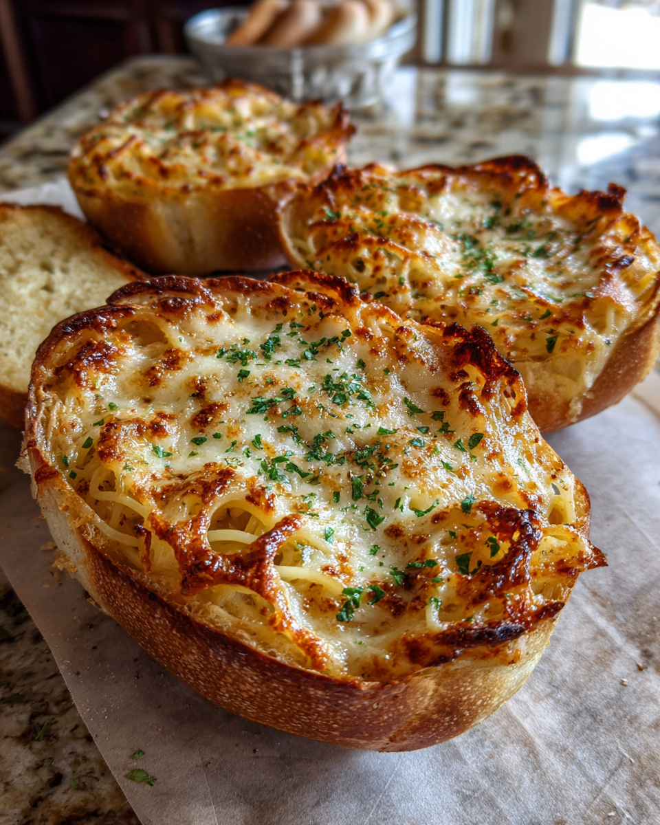 Final dish - Ultimate Spaghetti Garlic Bread Bowls Recipe for a Delicious Twist on Dinner