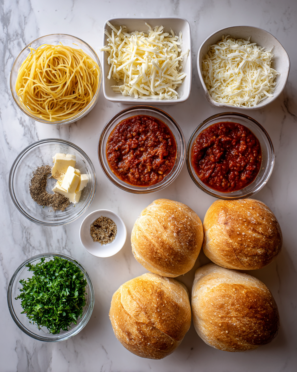 Ingredients for Ultimate Spaghetti Garlic Bread Bowls Recipe for a Delicious Twist on Dinner