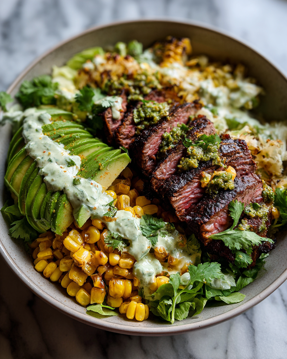 Final dish - Steak Avocado Corn Bowl with Cilantro Cream Your New Favorite Flavor Combo