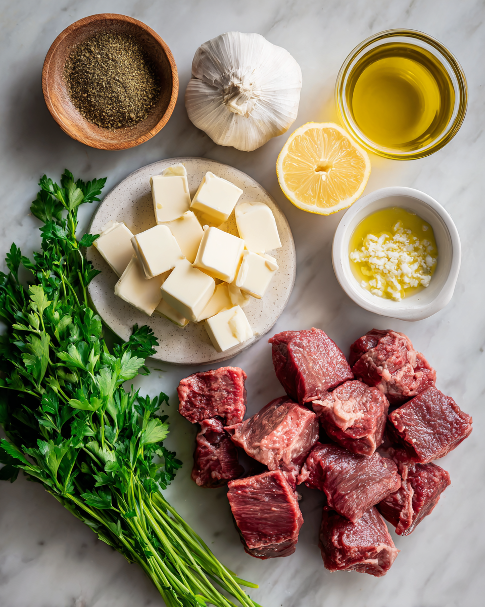 Ingredients for Melt-in-Your-Mouth Tender Steak Bites in Garlic Butter Bliss