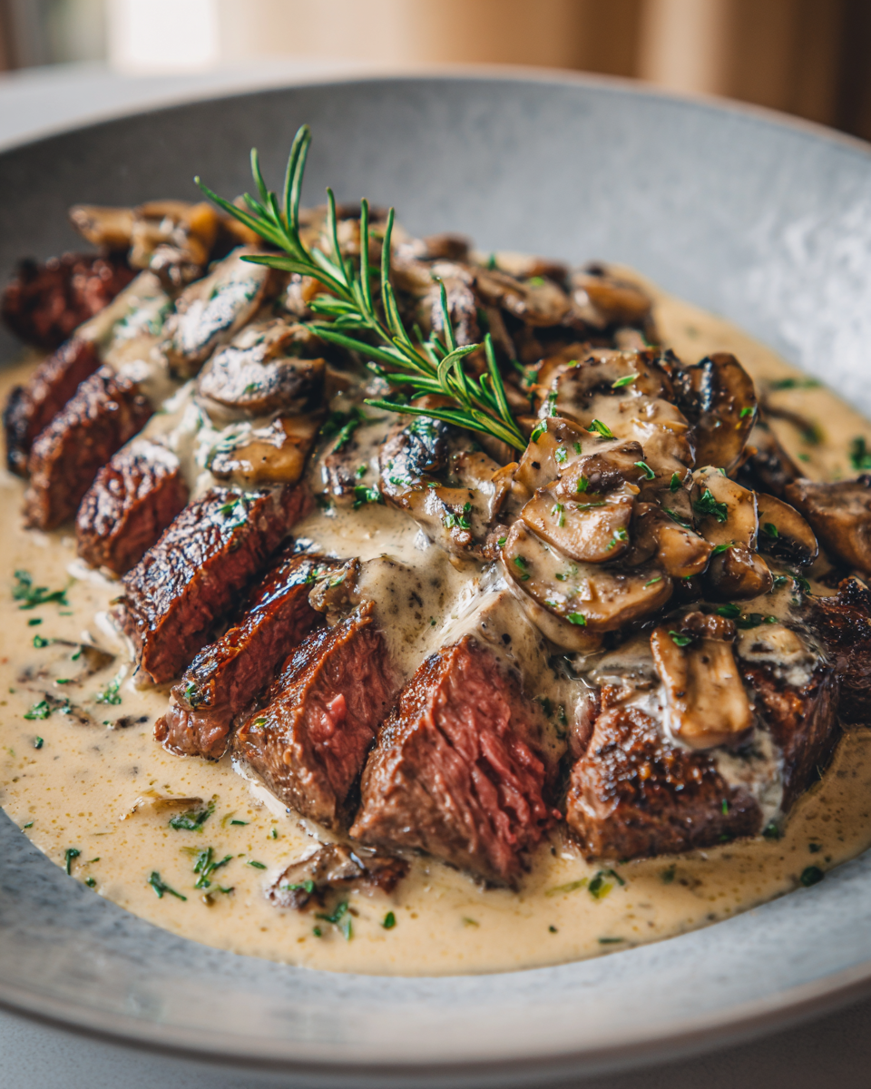 Final dish - Tender Steak Paired with Rich Garlic Cream Sauce for the Ultimate Flavor Experience
