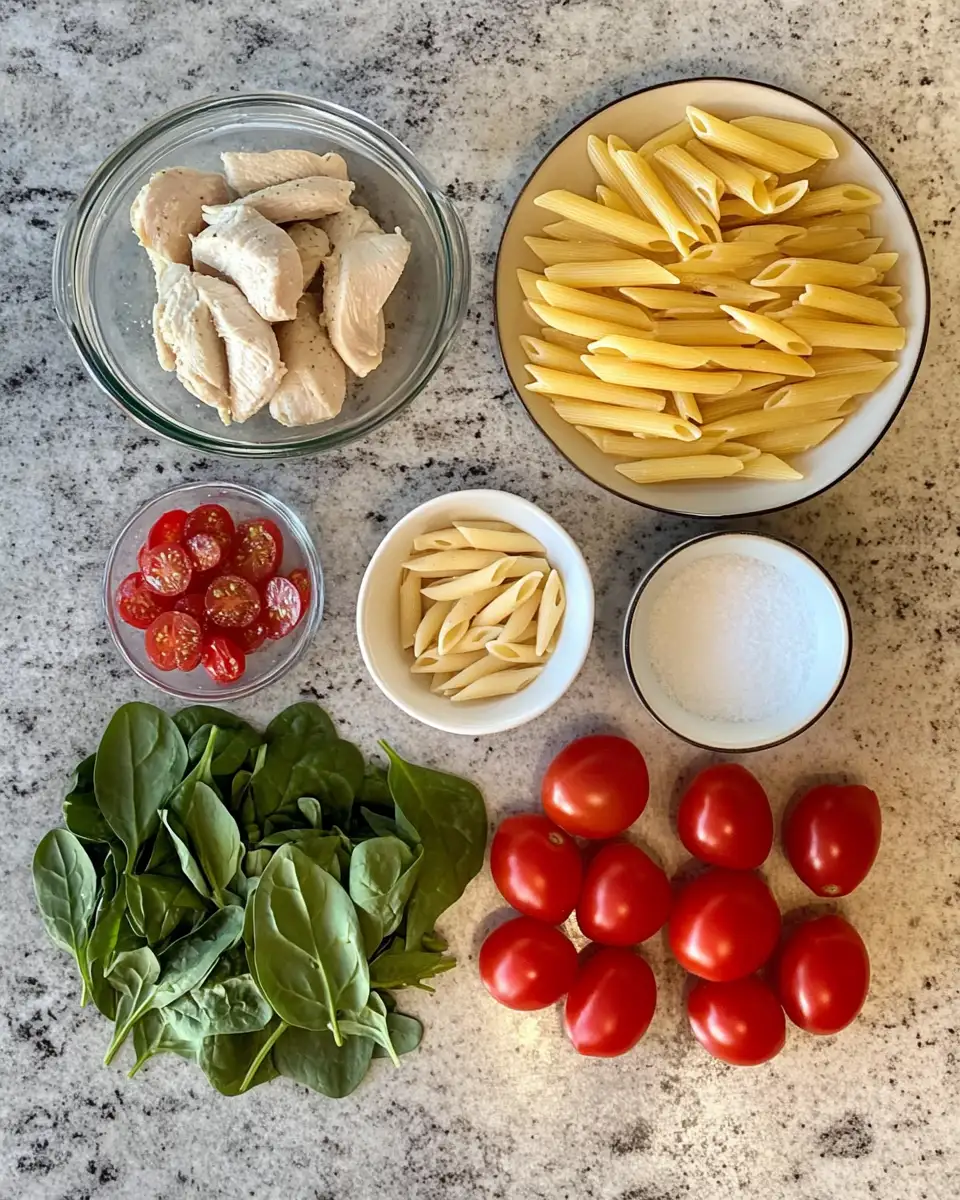 Ingredients for Irresistible Tomato Spinach Chicken Pasta for a Flavorful Weeknight Delight