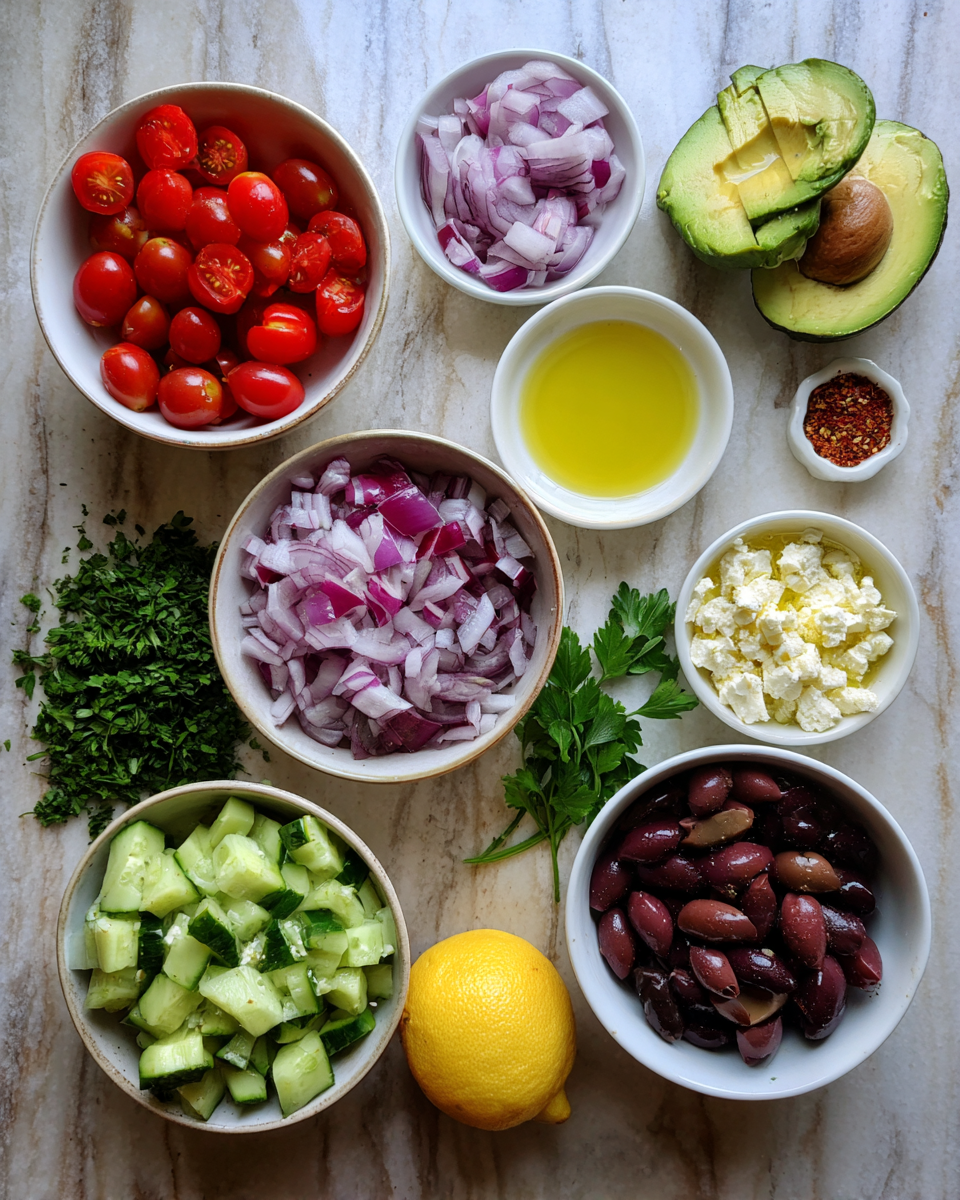 Ingredients for Fresh and Flavorful Zesty Mediterranean Avocado Salad Recipe