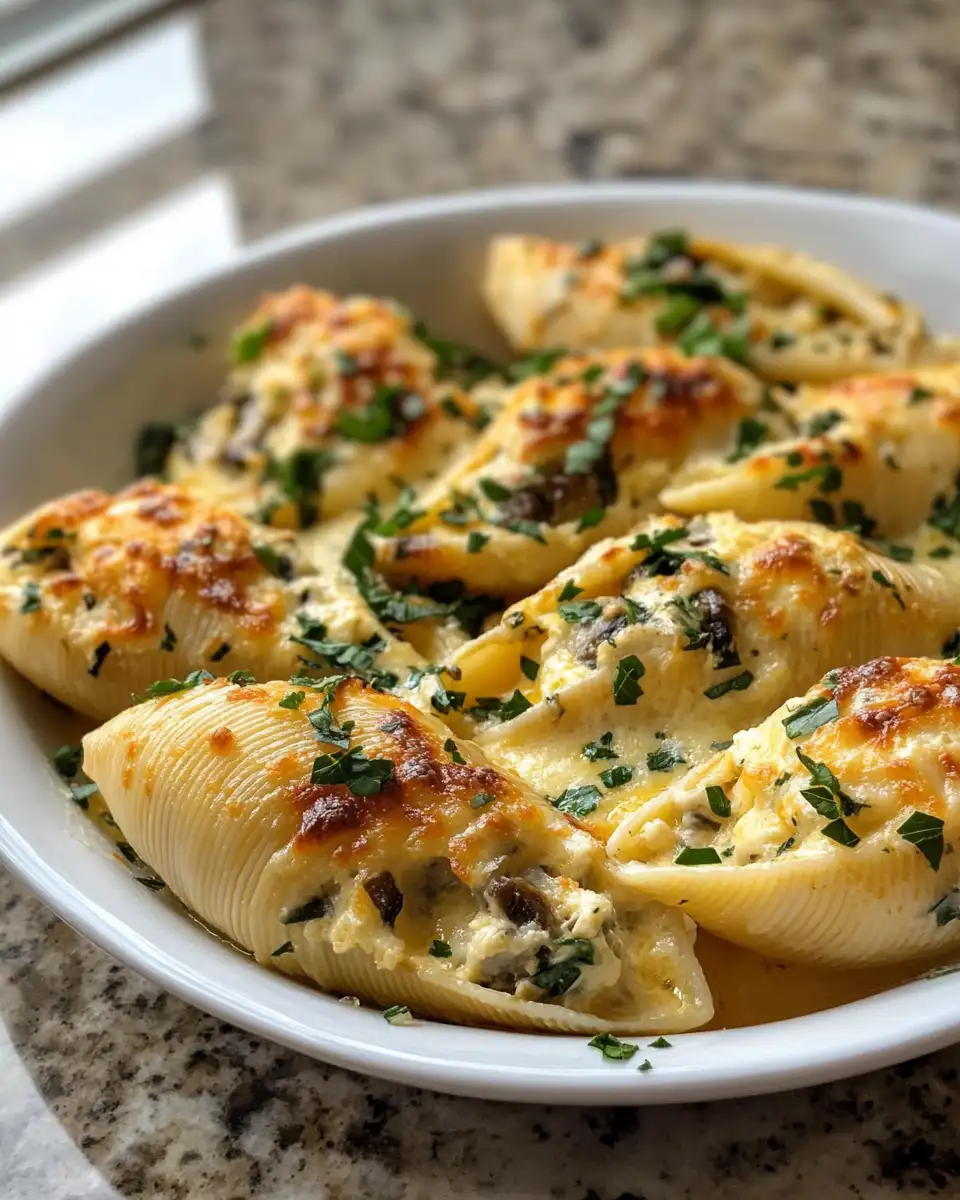 Final dish - Indulge in Comfort: Creamy Garlic Mushroom Stuffed Shells Delight
