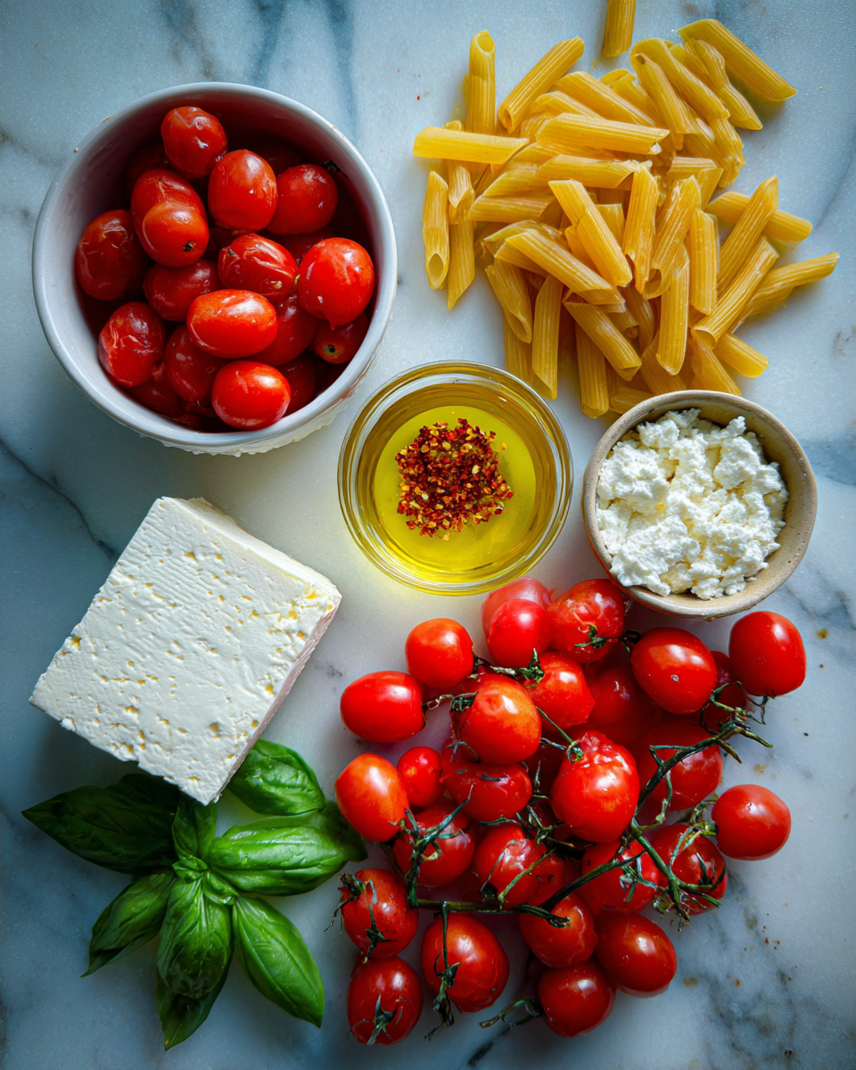 Ingredients for The Ultimate Baked Feta Pasta with Cherry Tomatoes Experience
