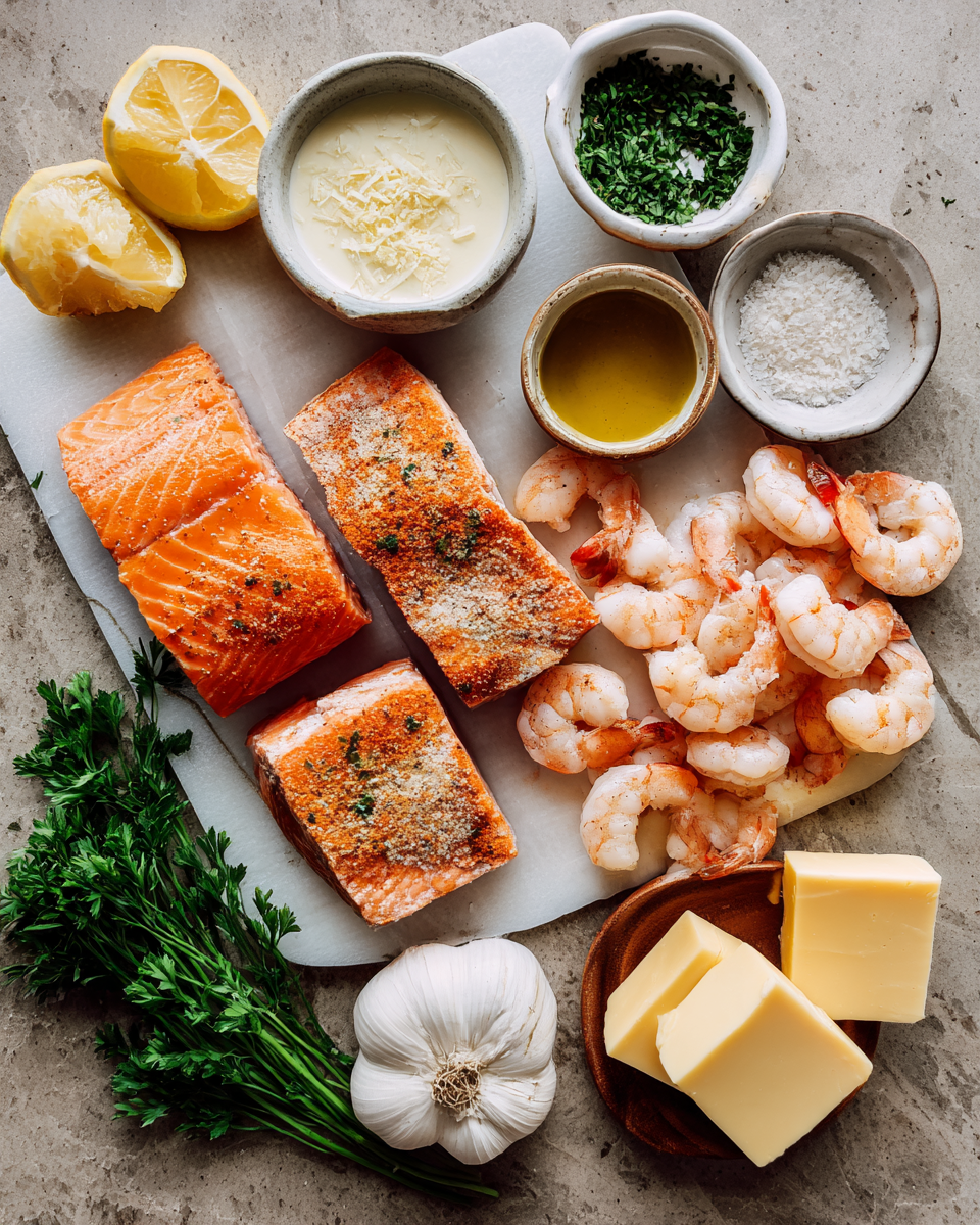 Savory Cajun Shrimp and Salmon Dance in a Luscious Garlic Cream Sauce 4 Ingredients for Savory Cajun Shrimp and Salmon Dance in a Luscious Garlic Cream Sauce
