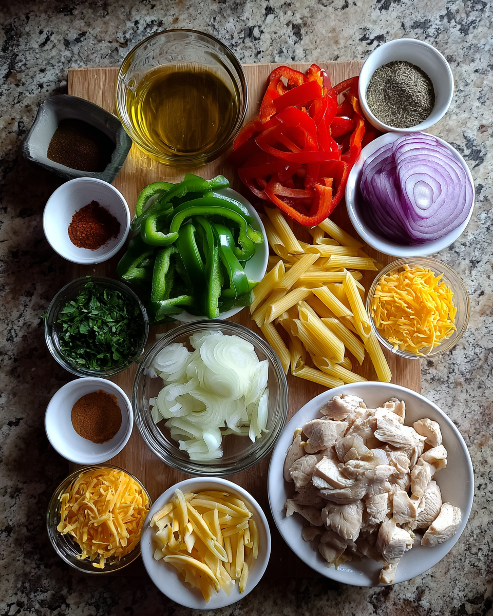 Ingredients for Sizzling Chicken Fajita Pasta Fiesta
