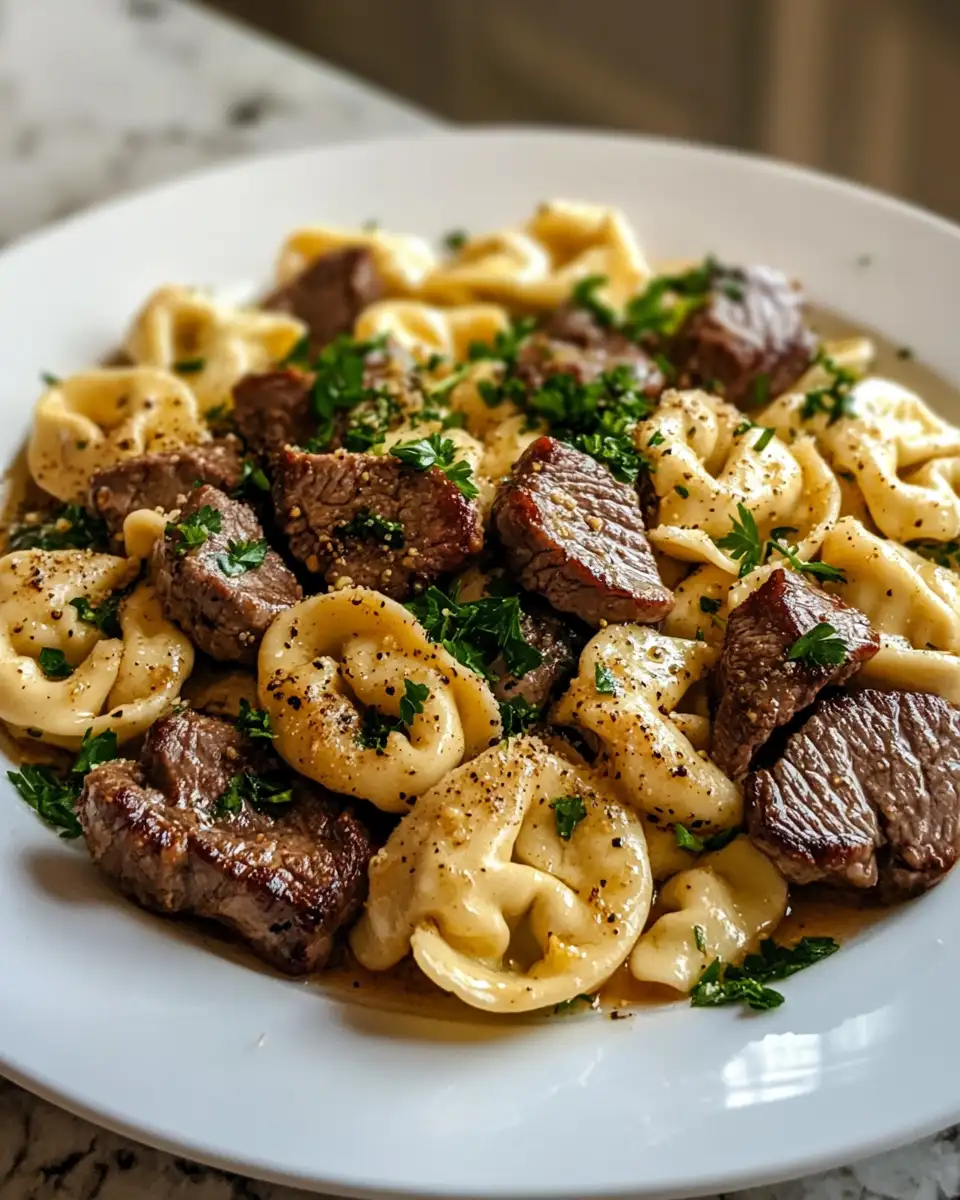 Final dish - Savor the Flavor: Cracked Garlic Steak Tortellini Extravaganza