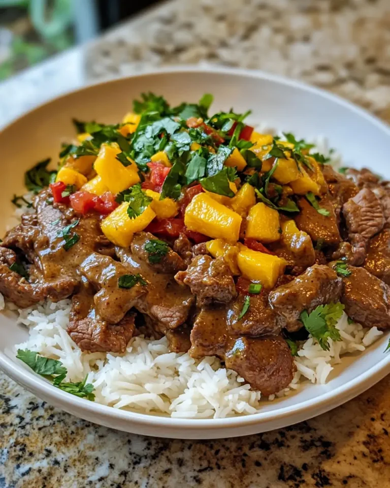Exotic Flavors Unite: Curried Beef & Mushrooms with Irresistible Peanut Sauce and Mango Salsa - Featured Image