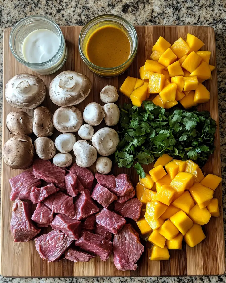 Ingredients for Exotic Flavors Unite: Curried Beef & Mushrooms with Irresistible Peanut Sauce and Mango Salsa