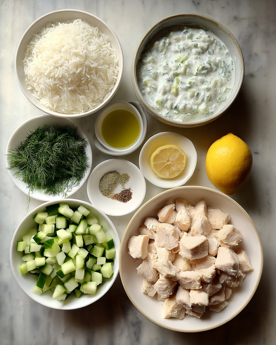 Ingredients for Effortless Greek Delight: Dump and Bake Chicken Tzatziki Rice